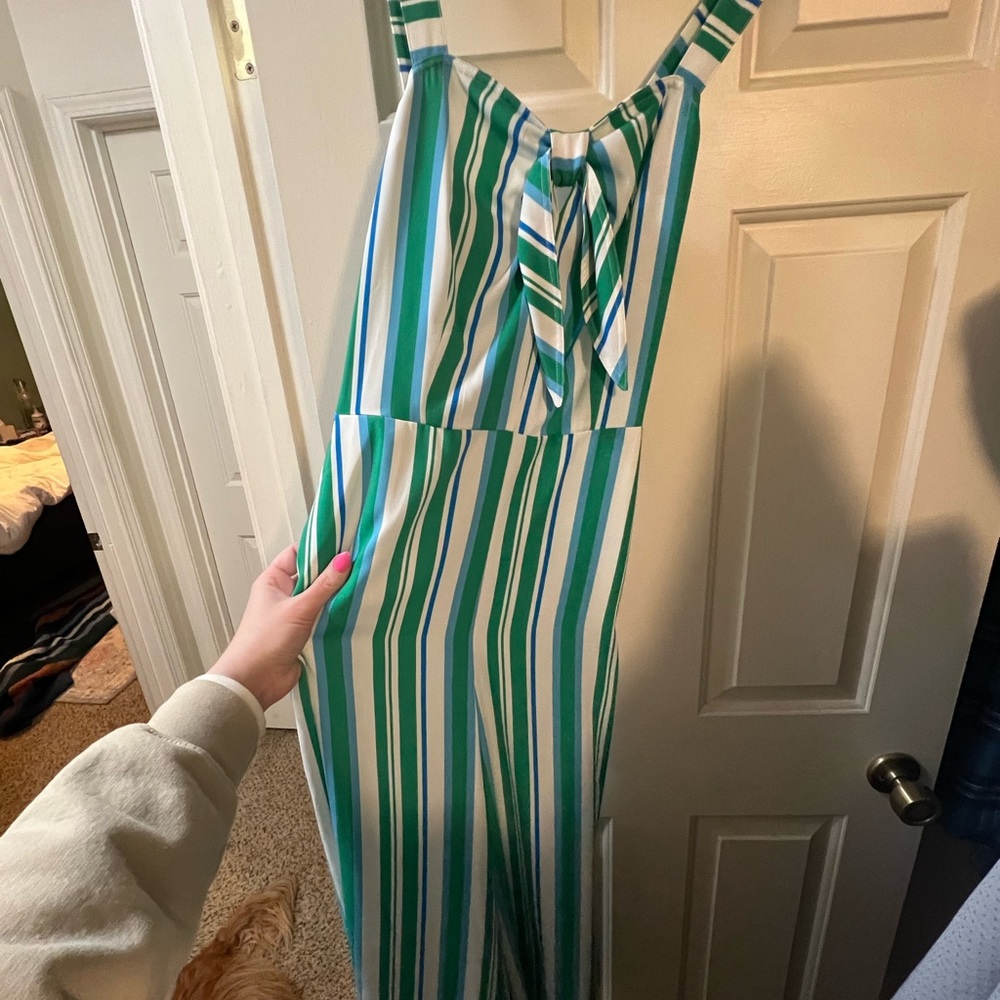 NWOT - Kelly Green and turquoise striped white jumpsuit
